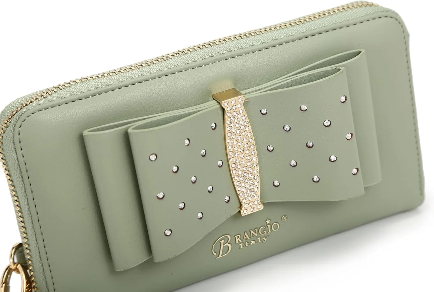 Designer Ribbon Romance Multi-Pocket Rhinestone Wallet Party and Wedding Evening Bling Wristlet for Women (Green)