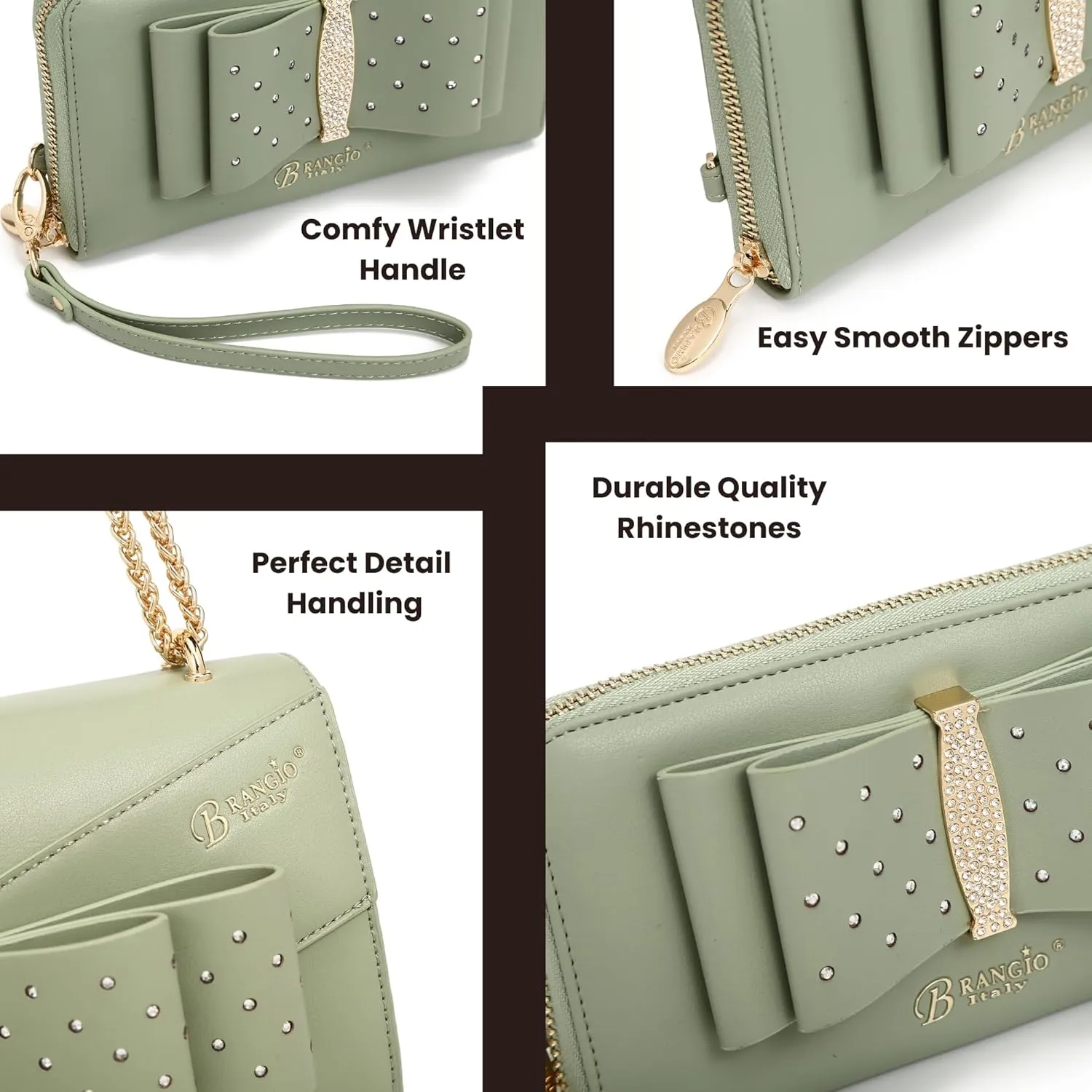 Designer Ribbon Romance Multi-Pocket Rhinestone Wallet Party and Wedding Evening Bling Wristlet for Women (Green)
