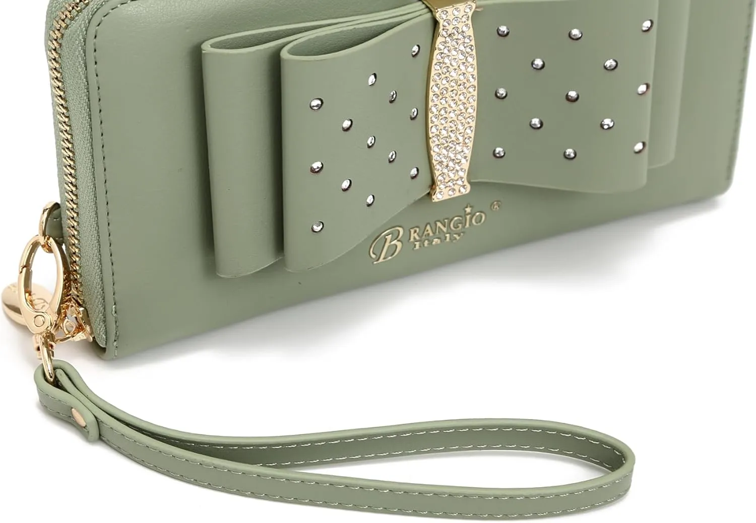 Designer Ribbon Romance Multi-Pocket Rhinestone Wallet Party and Wedding Evening Bling Wristlet for Women (Green)