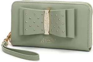 Designer Ribbon Romance Multi-Pocket Rhinestone Wallet Party and Wedding Evening Bling Wristlet for Women (Green)