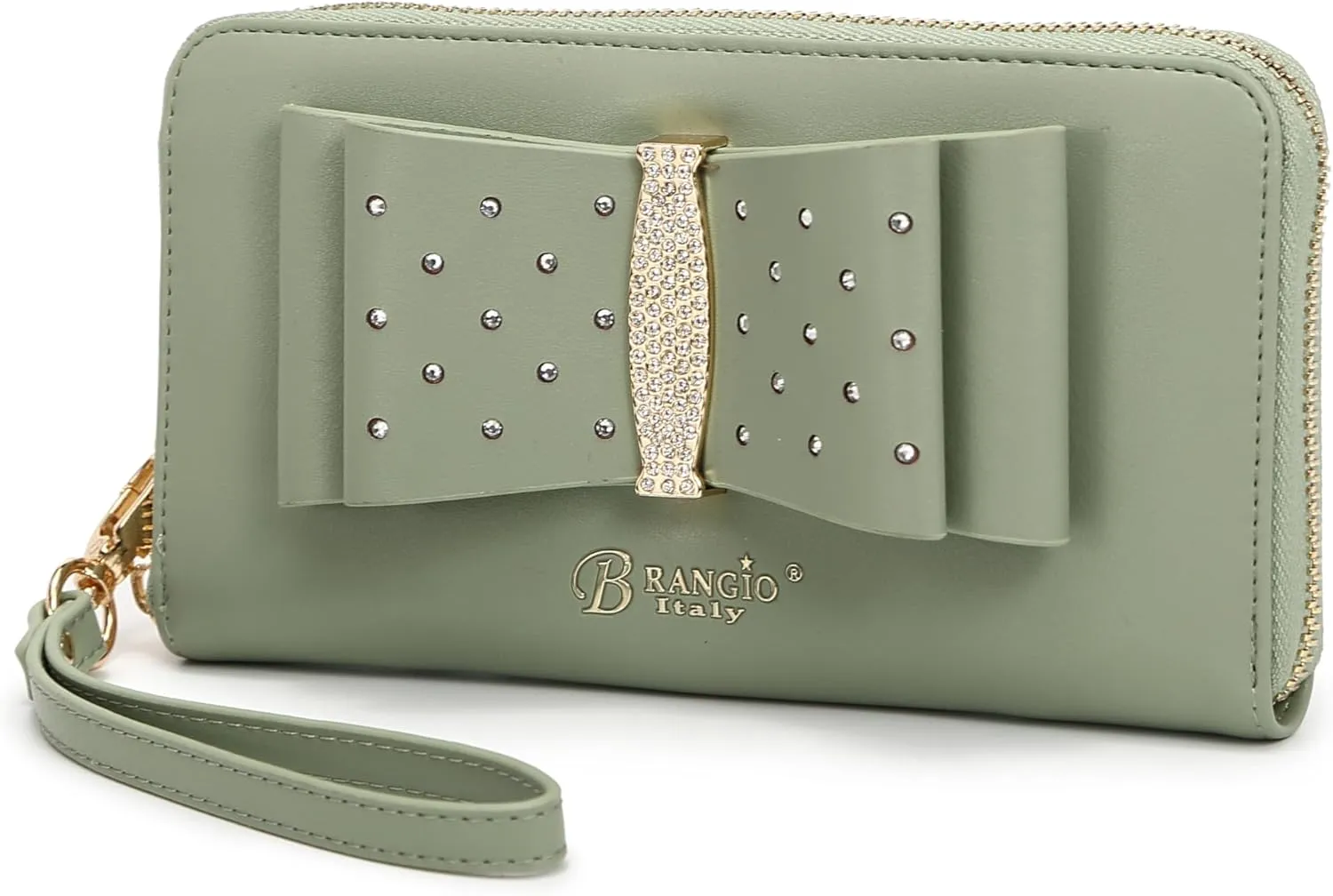 Designer Ribbon Romance Multi-Pocket Rhinestone Wallet Party and Wedding Evening Bling Wristlet for Women (Green)