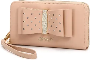 Designer Ribbon Romance Multi-Pocket Rhinestone Wallet Party and Wedding Evening Bling Wristlet for Women (Pink)