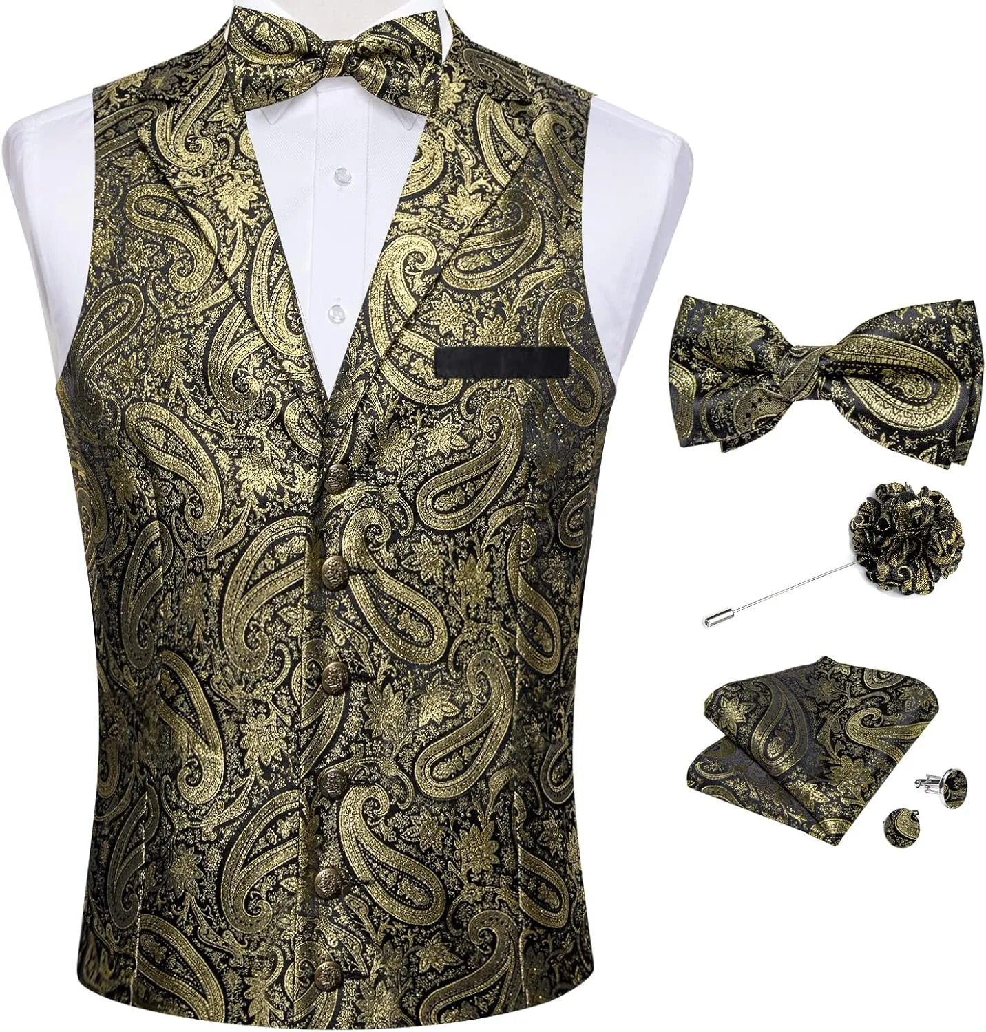 DiBanGu 5pcs Suit Vest for Men Paisley Waistcoat with Bow Tie Lapel Pin Pocket Square Cufflinks Silk Formal Prom Vest Set