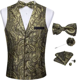 DiBanGu 5pcs Suit Vest for Men Paisley Waistcoat with Bow Tie Lapel Pin Pocket Square Cufflinks Silk Formal Prom Vest Set