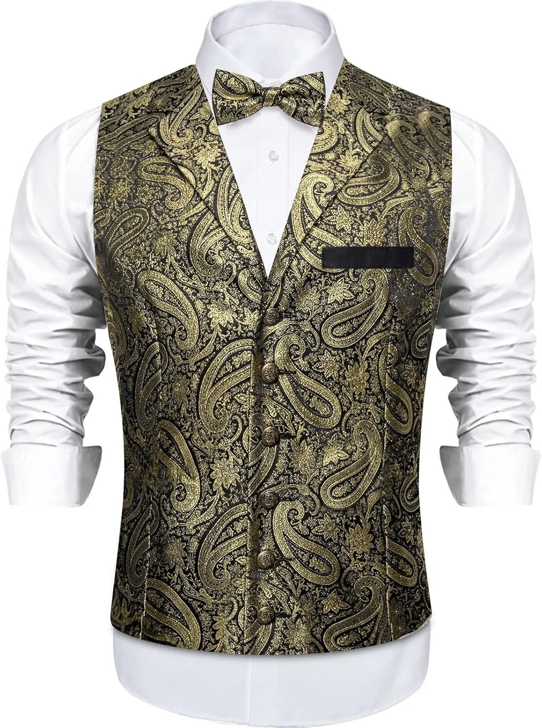 DiBanGu 5pcs Suit Vest for Men Paisley Waistcoat with Bow Tie Lapel Pin Pocket Square Cufflinks Silk Formal Prom Vest Set