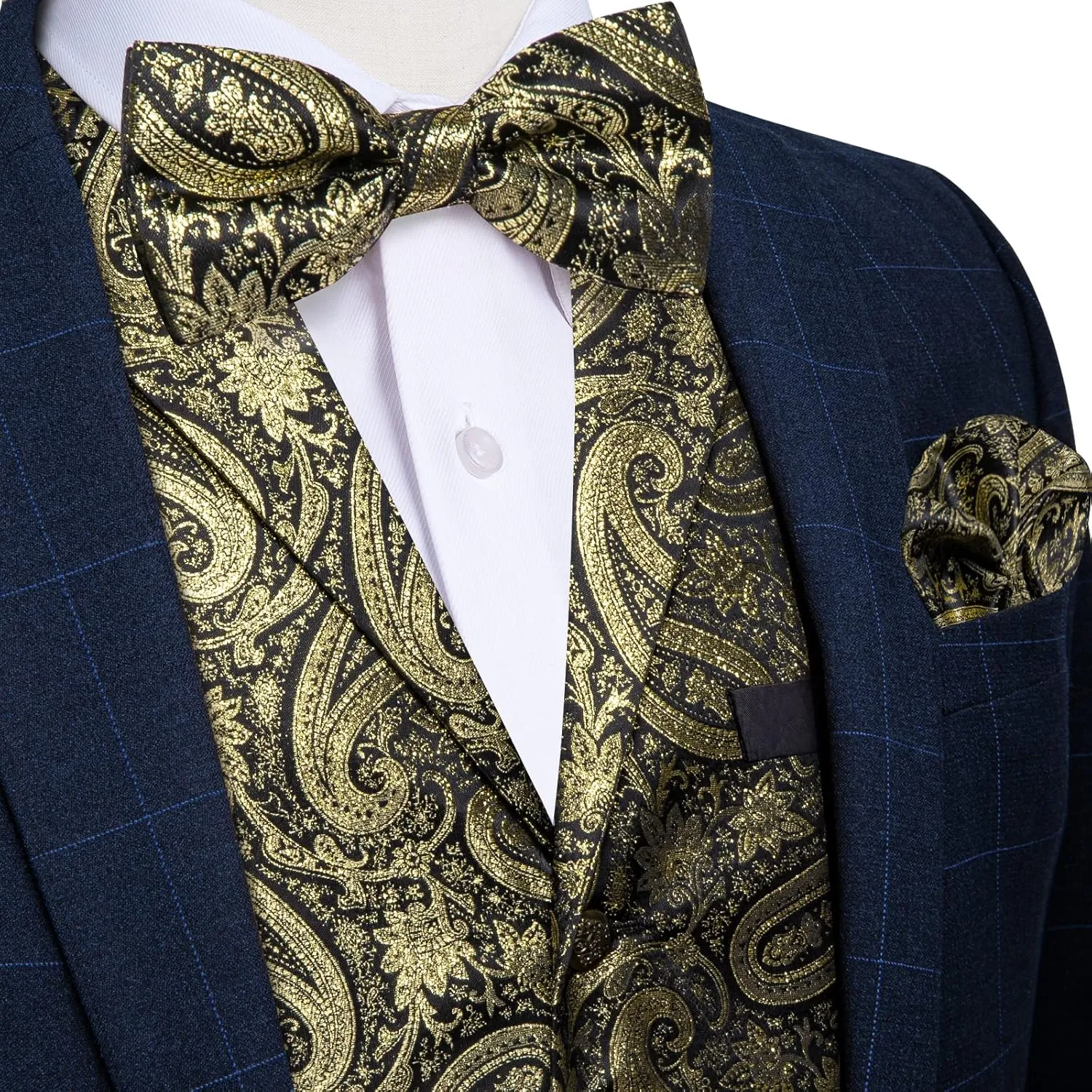 DiBanGu 5pcs Suit Vest for Men Paisley Waistcoat with Bow Tie Lapel Pin Pocket Square Cufflinks Silk Formal Prom Vest Set