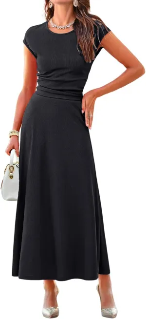 Dokotoo Women's 2 Piece Summer Outfits Casual Crewneck Short Sleeve Ruched Knit Tops Elastic Waist A-Line Midi Skirt Set