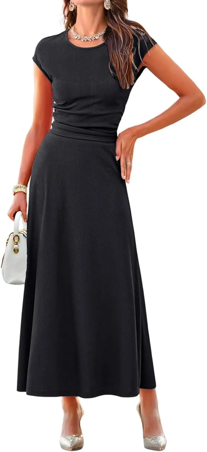 Dokotoo Women's 2 Piece Summer Outfits Casual Crewneck Short Sleeve Ruched Knit Tops Elastic Waist A-Line Midi Skirt Set