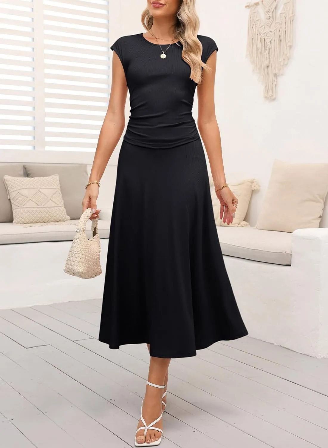 Dokotoo Women's 2 Piece Summer Outfits Casual Crewneck Short Sleeve Ruched Knit Tops Elastic Waist A-Line Midi Skirt Set