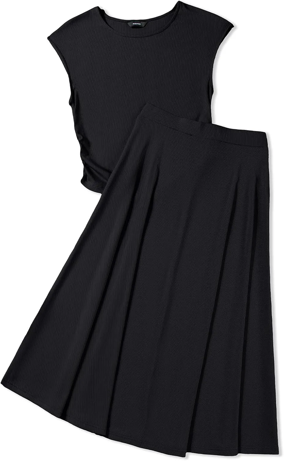 Dokotoo Women's 2 Piece Summer Outfits Casual Crewneck Short Sleeve Ruched Knit Tops Elastic Waist A-Line Midi Skirt Set