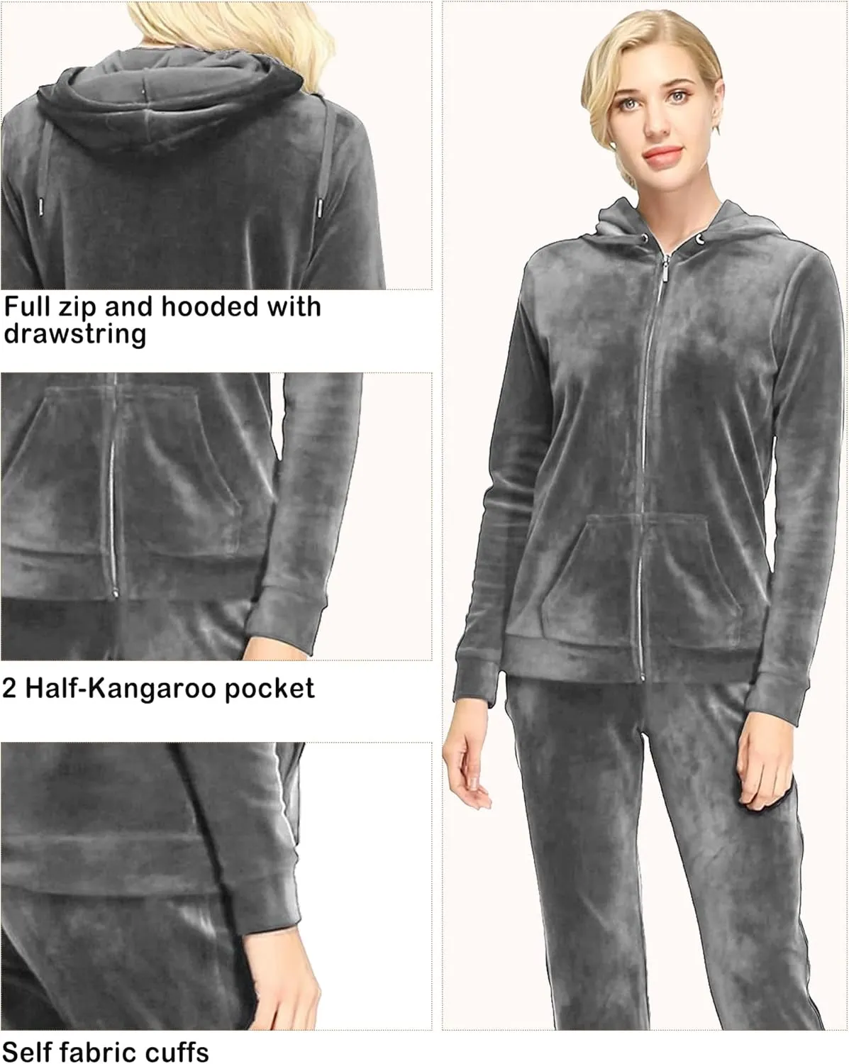 Dolcevida Womens Velour Sweatsuits Sets 2 Piece Tracksuits Outfits Full Zip Hoodie and Sweatpant Set Velvet Jogging Suit