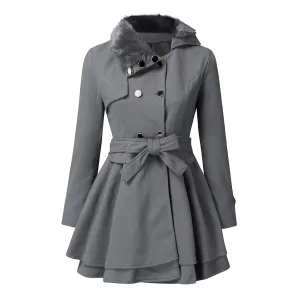 Double Breasted Faux Fur Collar Jacket Lapel Pea Coats for Women Winter Long Trench Coat with Belt Elegant Swing Coat