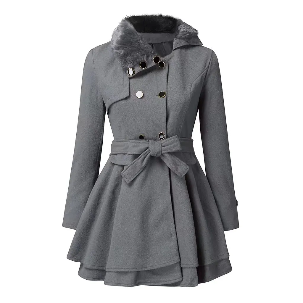 Double Breasted Faux Fur Collar Jacket Lapel Pea Coats for Women Winter Long Trench Coat with Belt Elegant Swing Coat