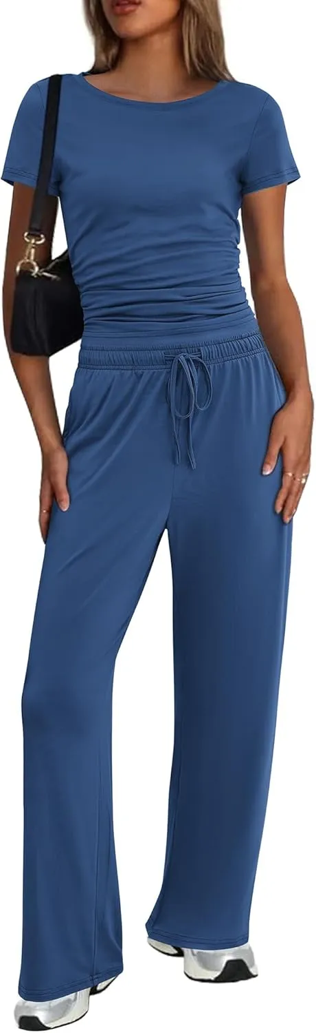 Ekouaer Women's 2 Piece Sets Outfits Short Sleeve Wide Leg Tracksuits Casual Lounge Set Matching Sets with Pockets