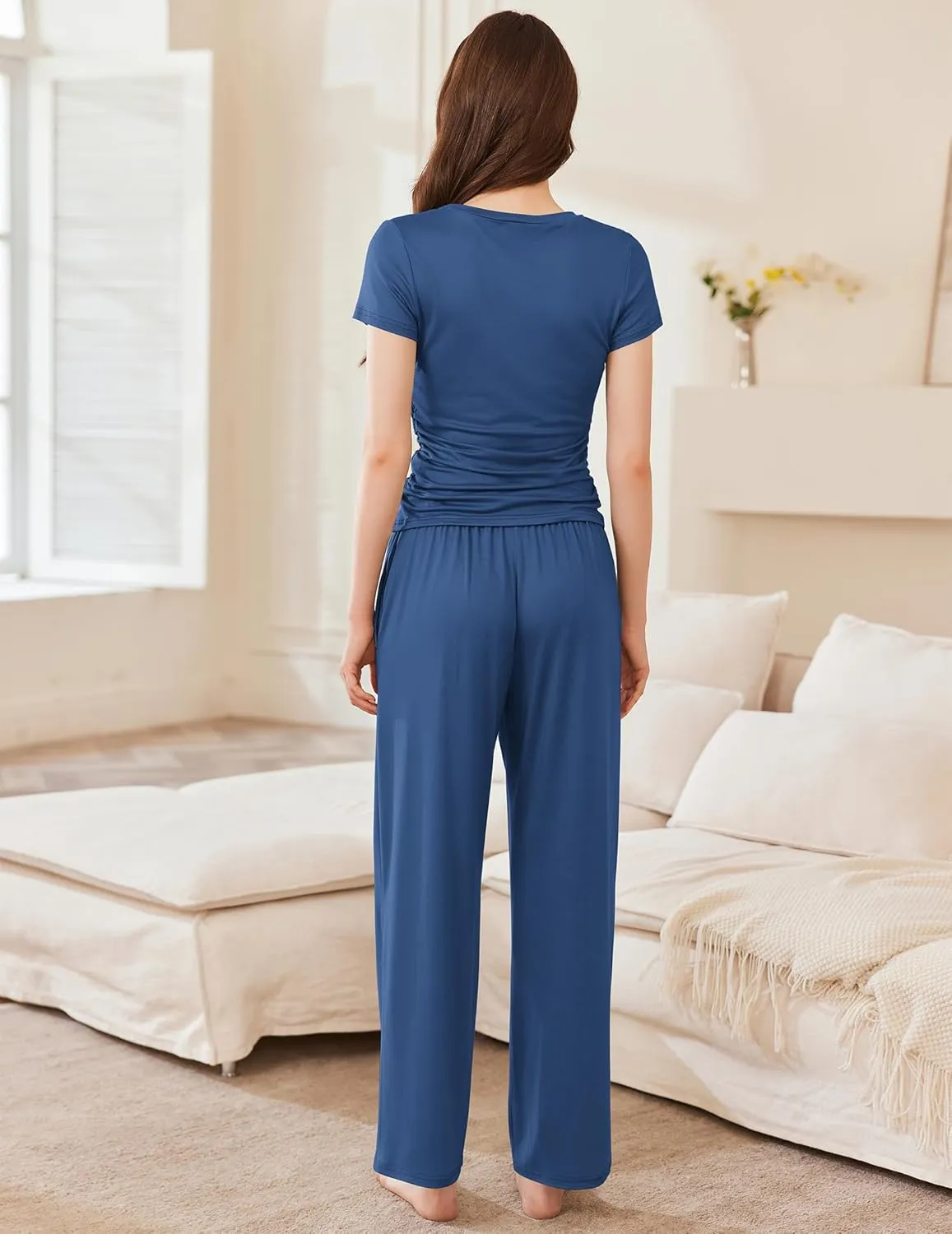 Ekouaer Women's 2 Piece Sets Outfits Short Sleeve Wide Leg Tracksuits Casual Lounge Set Matching Sets with Pockets