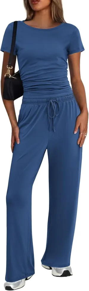 Ekouaer Women's 2 Piece Sets Outfits Short Sleeve Wide Leg Tracksuits Casual Lounge Set Matching Sets with Pockets