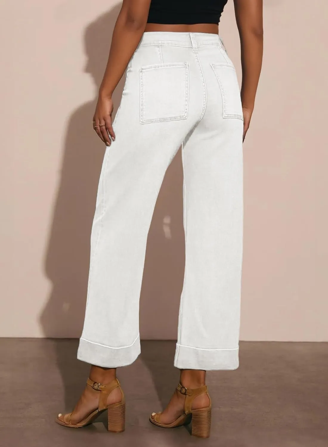 EVALESS Womens High Waist Wide Leg Jeans Trendy Cropped Denim Pants Solid Ankle Length Stretchy Jeans with Pockets