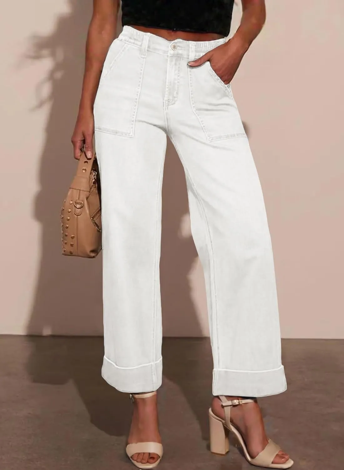 EVALESS Womens High Waist Wide Leg Jeans Trendy Cropped Denim Pants Solid Ankle Length Stretchy Jeans with Pockets