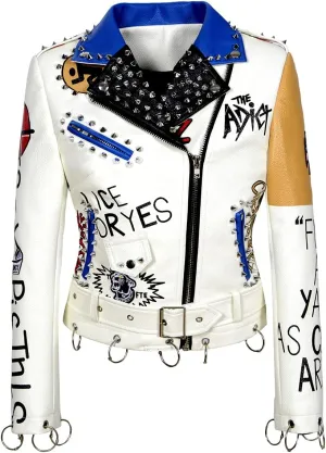 Fashion SX Women's Punk Floral Embroidered short Faux Leather Jacket Moto PU Coat