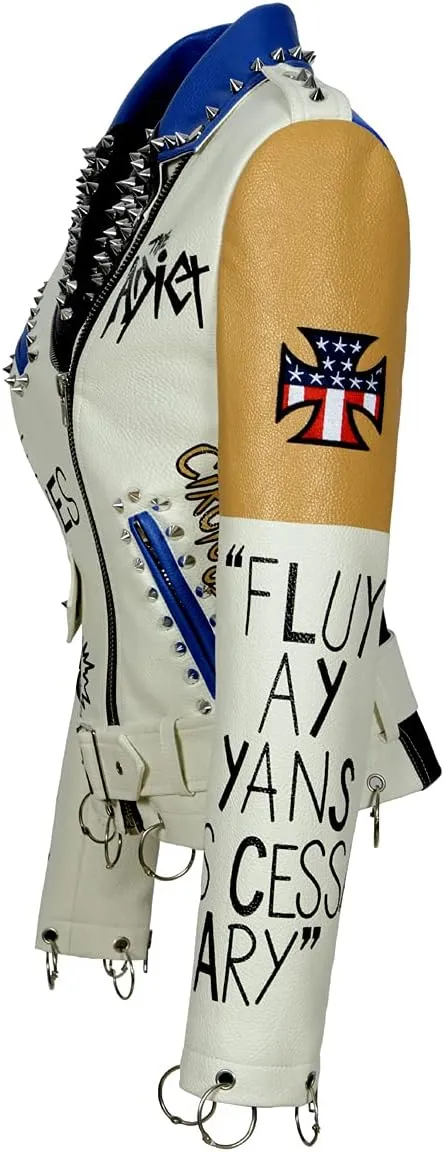Fashion SX Women's Punk Floral Embroidered short Faux Leather Jacket Moto PU Coat