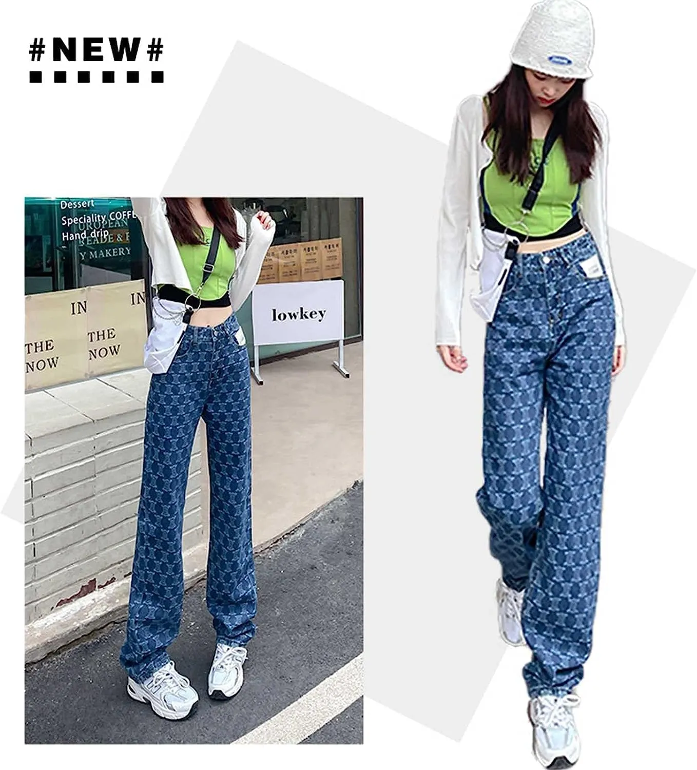 FEECOZ Daily Wear Casual Wide Leg Pants Women's High Waisted Reticulate Relaxed Fit Jean Fashionable Girls Gift (Color : Blue, Size : S-Small)