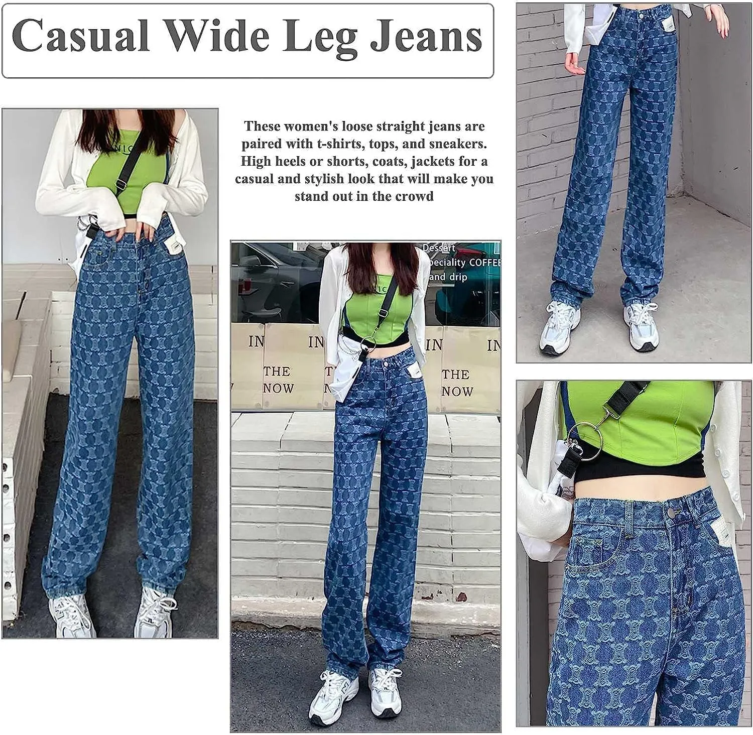FEECOZ Daily Wear Casual Wide Leg Pants Women's High Waisted Reticulate Relaxed Fit Jean Fashionable Girls Gift (Color : Blue, Size : S-Small)