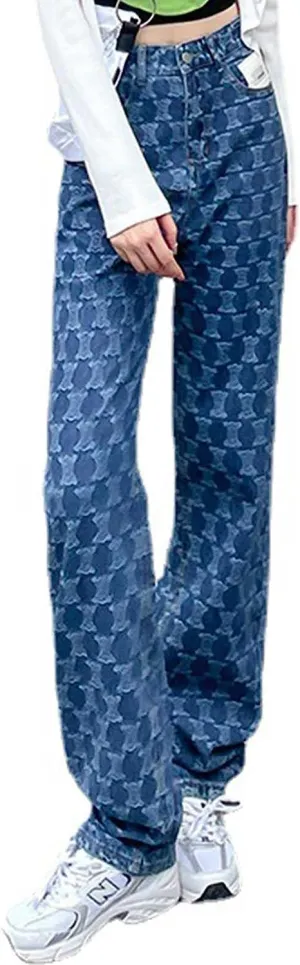 FEECOZ Daily Wear Casual Wide Leg Pants Women's High Waisted Reticulate Relaxed Fit Jean Fashionable Girls Gift (Color : Blue, Size : S-Small)