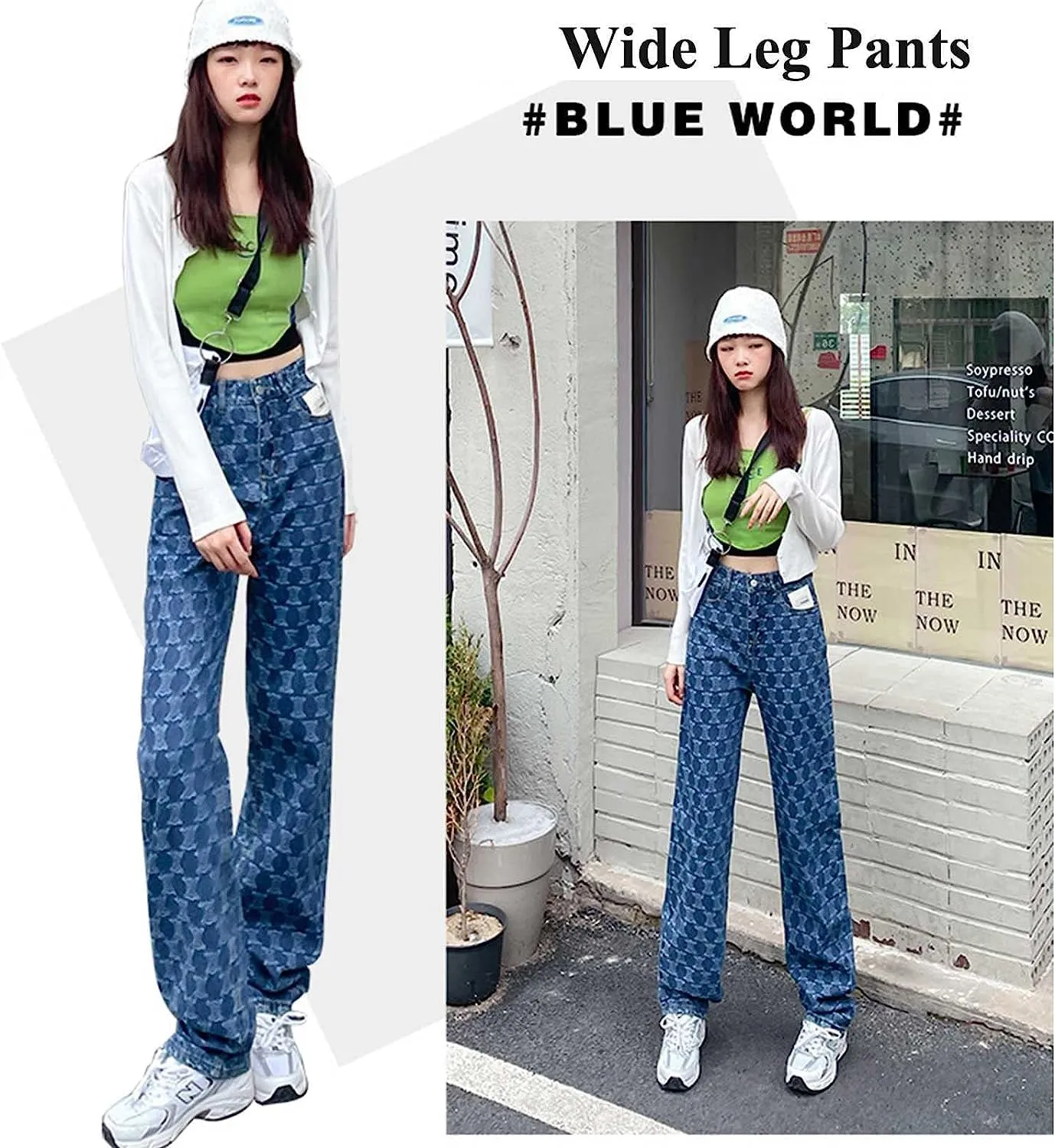 FEECOZ Daily Wear Casual Wide Leg Pants Women's High Waisted Reticulate Relaxed Fit Jean Fashionable Girls Gift (Color : Blue, Size : S-Small)