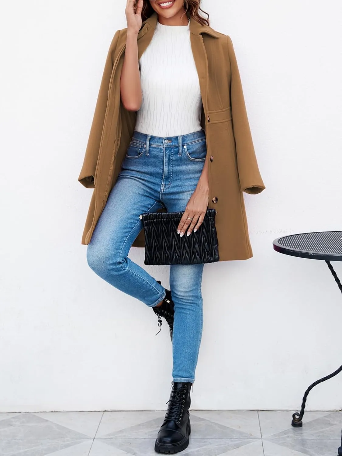 Fisoew Women's Elegant Single Breasted Coat Long Sleeve Mid Winter Overcoat Work Office Pea Coats