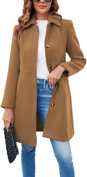 Fisoew Women's Elegant Single Breasted Coat Long Sleeve Mid Winter Overcoat Work Office Pea Coats