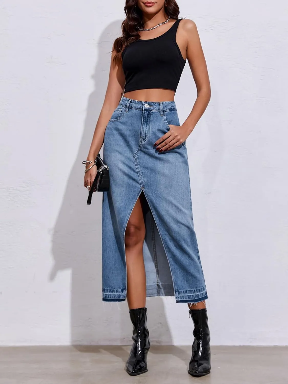Fisoew Women's Long Denim Maxi Skirts High Waisted Frayed Hem Western Split Jean Skirt Streetwear