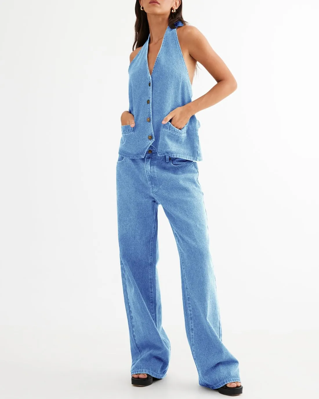 Fisoew Women's Two Piece Denim Set Button Down Backless Tank Top and Wide Leg Jeans 2 Piece Outfit Suit