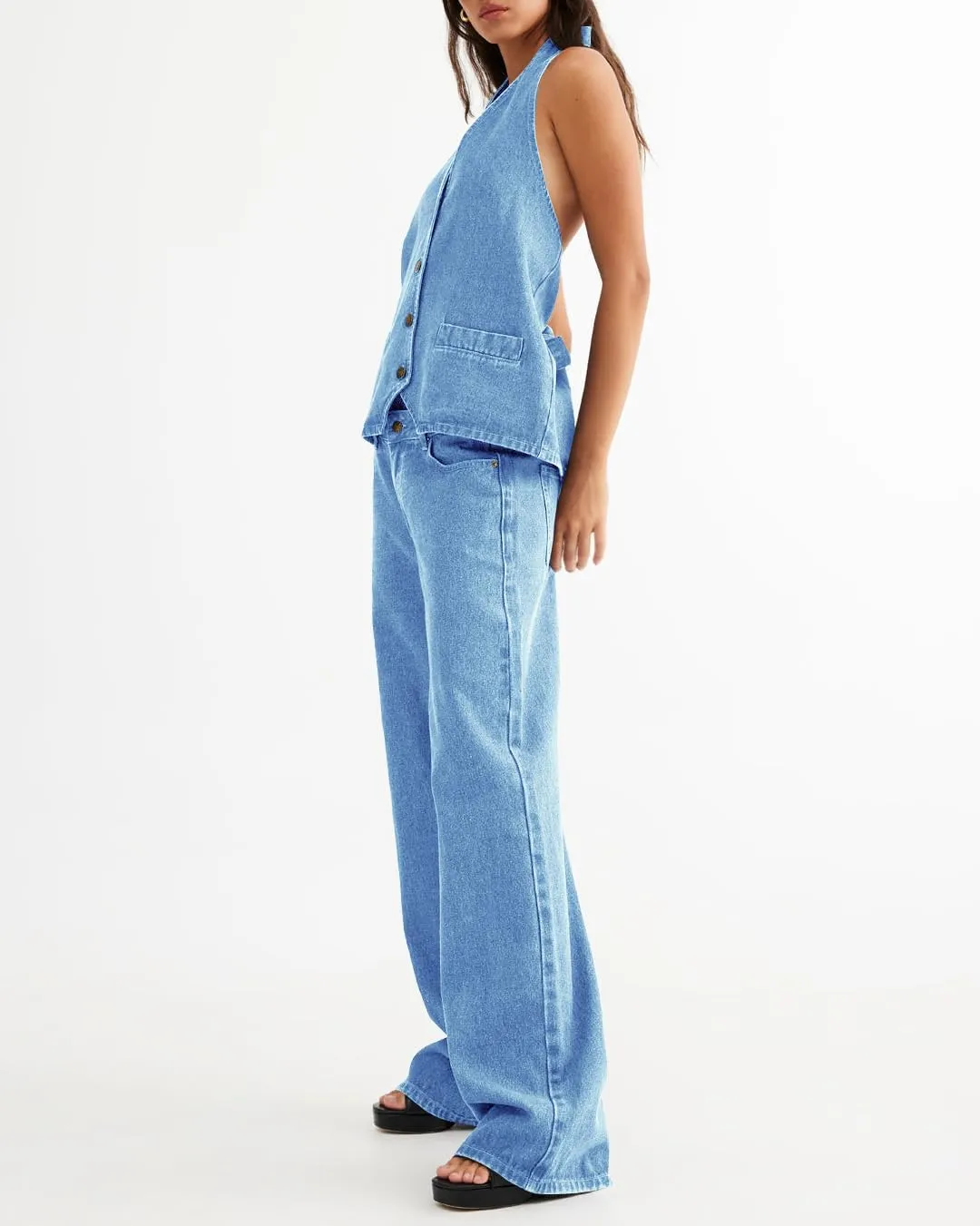 Fisoew Women's Two Piece Denim Set Button Down Backless Tank Top and Wide Leg Jeans 2 Piece Outfit Suit