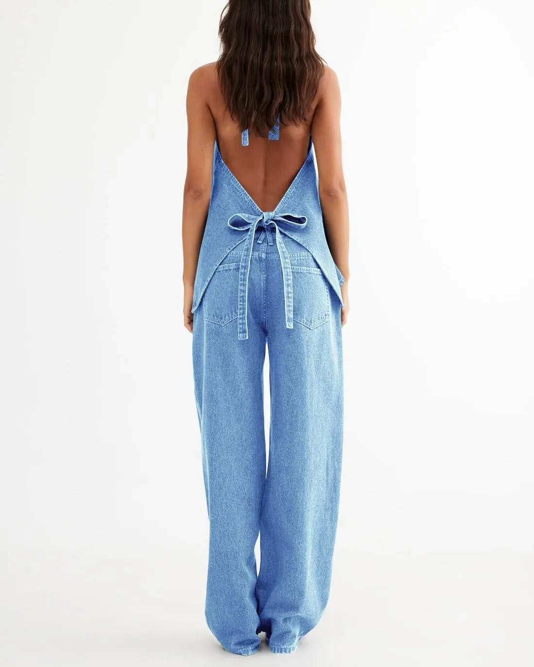 Fisoew Women's Two Piece Denim Set Button Down Backless Tank Top and Wide Leg Jeans 2 Piece Outfit Suit