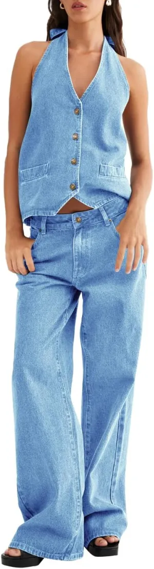 Fisoew Women's Two Piece Denim Set Button Down Backless Tank Top and Wide Leg Jeans 2 Piece Outfit Suit