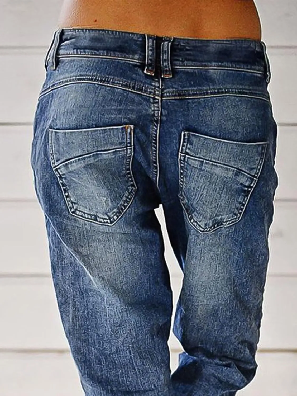 Flamingals Women's Stretchy Straight Leg Casual Low Rise Jeans Wash Button Fly Stitch Detail 90s Trendy Denim Jeans