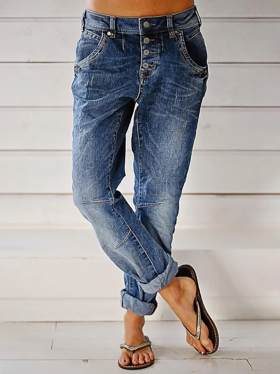 Flamingals Women's Stretchy Straight Leg Casual Low Rise Jeans Wash Button Fly Stitch Detail 90s Trendy Denim Jeans
