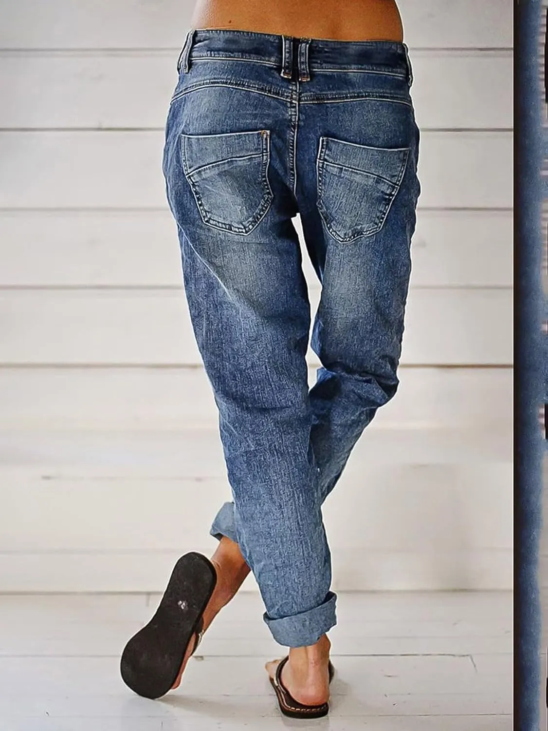 Flamingals Women's Stretchy Straight Leg Casual Low Rise Jeans Wash Button Fly Stitch Detail 90s Trendy Denim Jeans