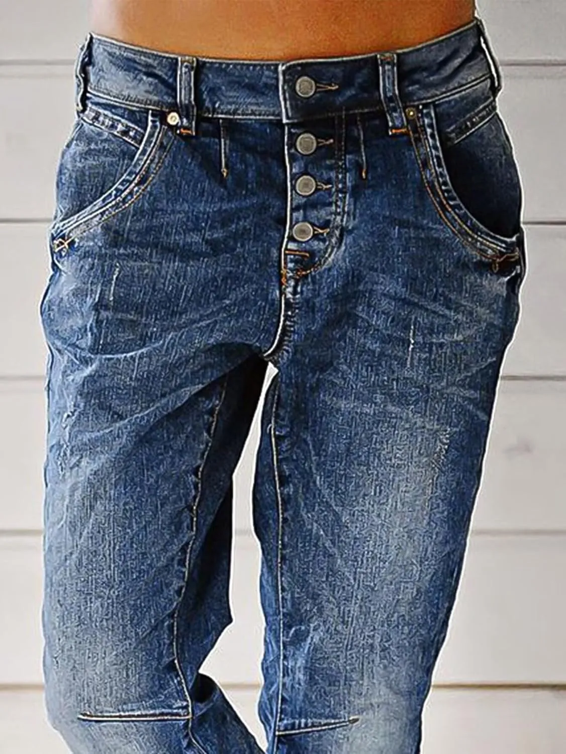 Flamingals Women's Stretchy Straight Leg Casual Low Rise Jeans Wash Button Fly Stitch Detail 90s Trendy Denim Jeans