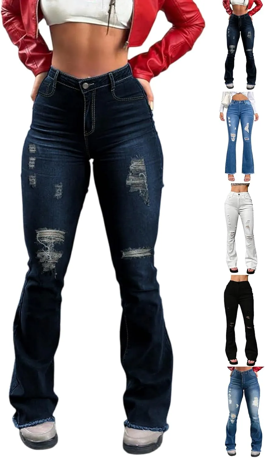 Flare Ripped Jeans Womens High Waisted Bell Bottom Distressed Jeans Skinny Bootcut Pants Denim Pants with Pockets