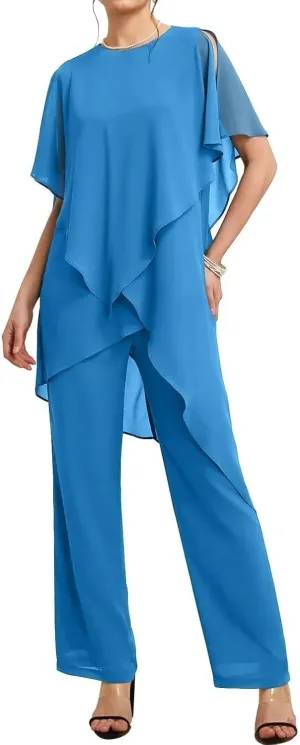 Floor Length Mother of The Bride Pant Suits for Women with Chiffon Two-Piece Short Sleeve Mother of The Groom Gowns
