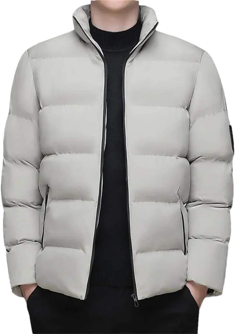 Fnfmrfmr Men Solid Stand Collar Puffer Jackets Long Sleeve Zipper Warm Cotton Padded Parkas Coat