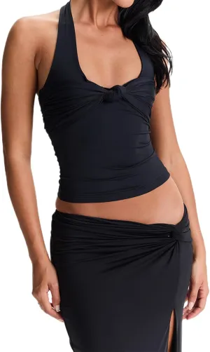 FOMOYUU Women's Y2K Sexy Halter Tops Knot Front Sleeveless Crop Tank Top Slim Fitted Backless Tanks Summer Going Out Vest