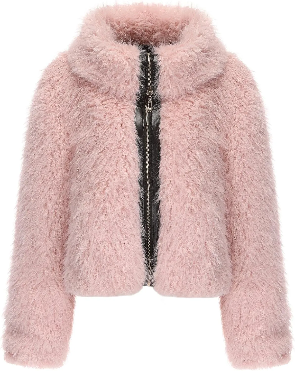FYYIYI Women Faux Fur Jacket Zip Up Large Turn-Down Collar for Short Jackets Fall and Winter Warm Fluffy Cardigan Coat