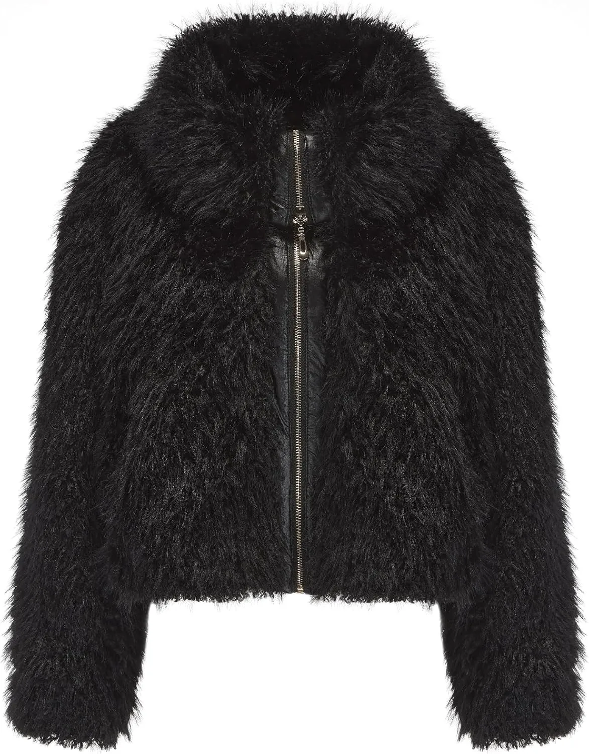 FYYIYI Women Faux Fur Jacket Zip Up Large Turn-Down Collar for Short Jackets Fall and Winter Warm Fluffy Cardigan Coat