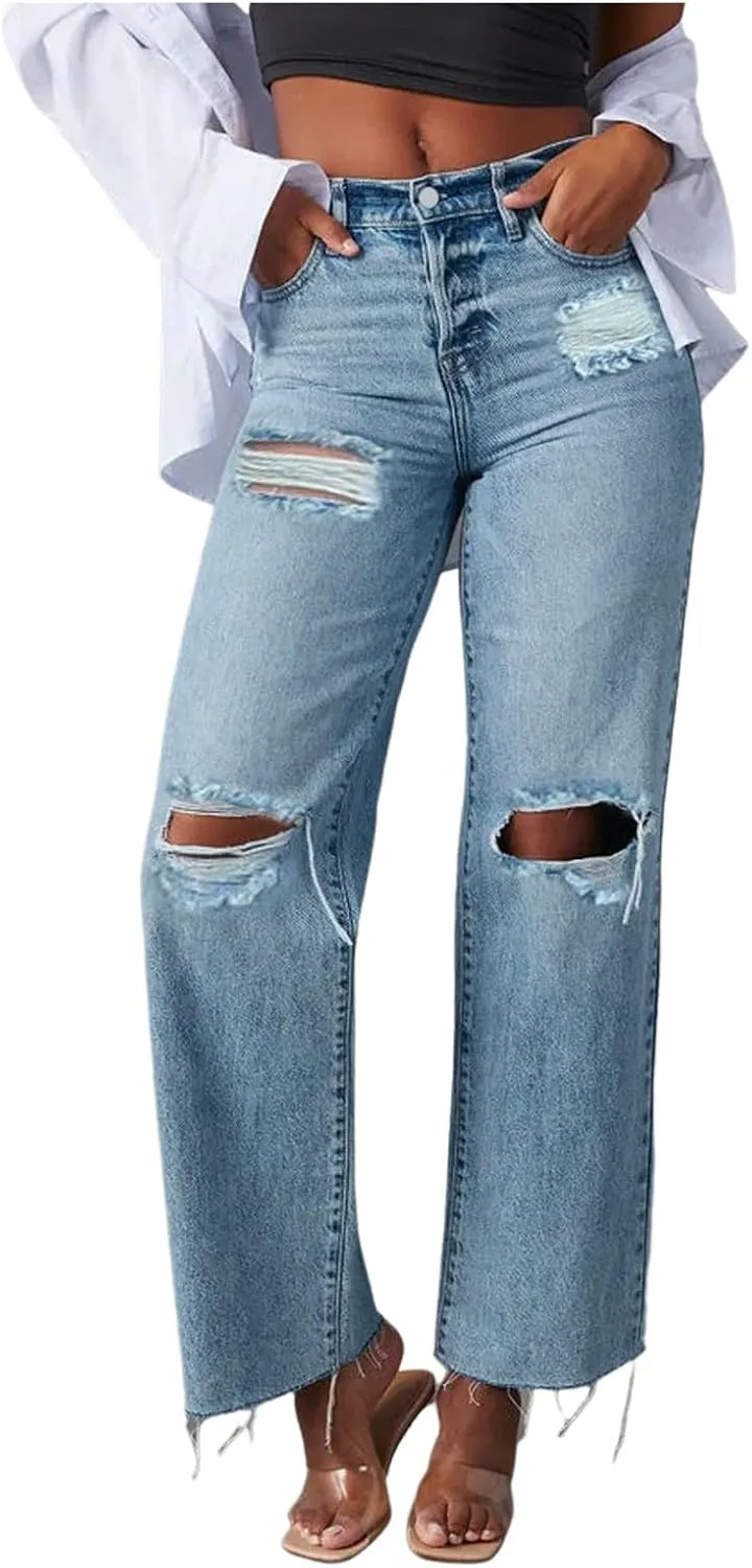 FZVYD Wide Leg Cropped Jeans for Women Trendy High Waisted Crossover Boyfriend Jeans Baggy Stretchy Denim Trousers 2024