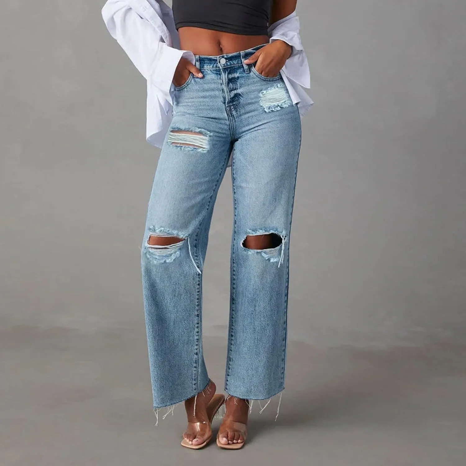 FZVYD Wide Leg Cropped Jeans for Women Trendy High Waisted Crossover Boyfriend Jeans Baggy Stretchy Denim Trousers 2024