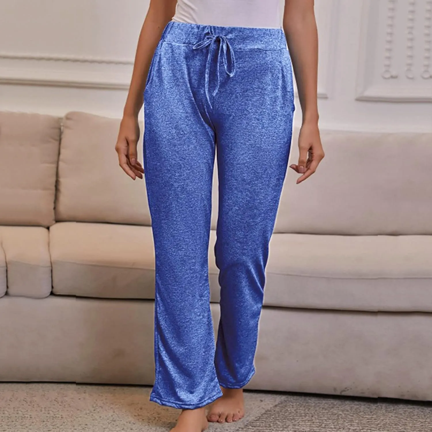 FZYLQY Wide Leg Pants for Women Casual Plus Size Elastic High Waist Drawstring Straight Leg Comfy Solid Lounge Long Trousers