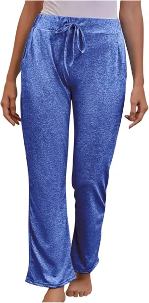 FZYLQY Wide Leg Pants for Women Casual Plus Size Elastic High Waist Drawstring Straight Leg Comfy Solid Lounge Long Trousers