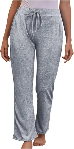 FZYLQY Wide Leg Pants for Women Casual Plus Size Elastic High Waist Drawstring Straight Leg Comfy Solid Lounge Long Trousers